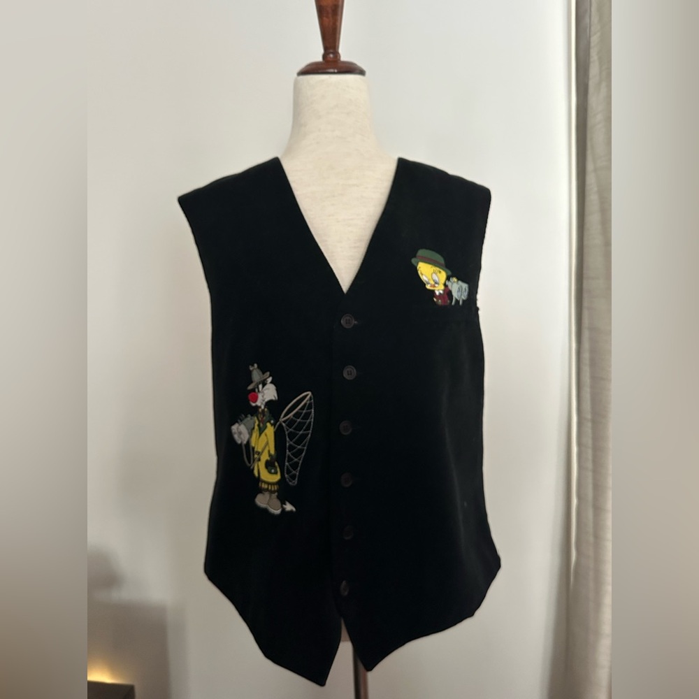 Vintage Looney Tunes Tweety & Sylvester Acme Clothing Co. Black Embroidered Vest